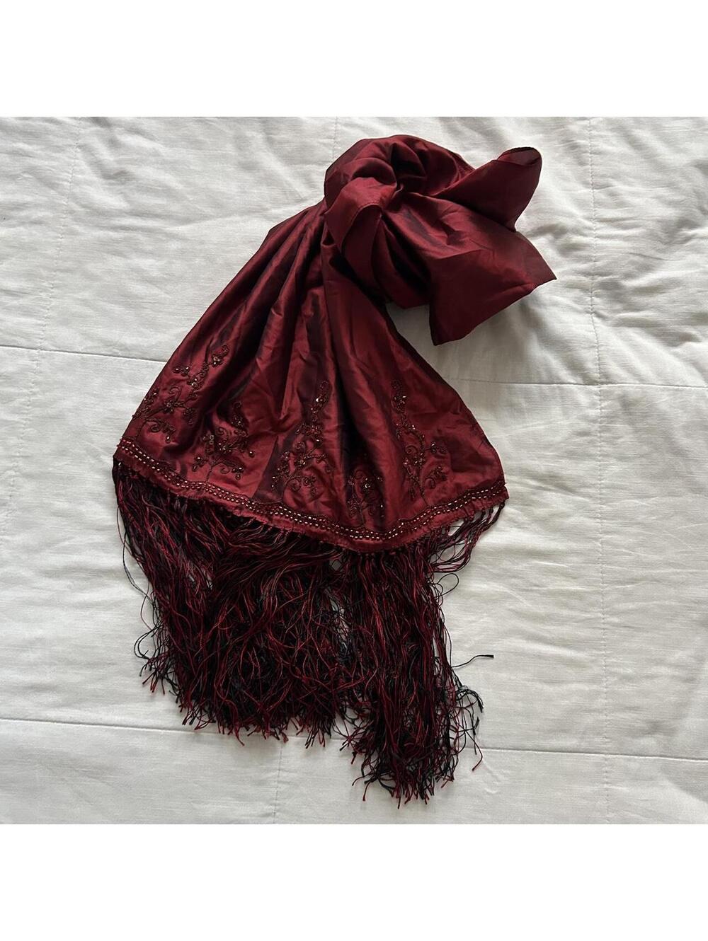 Cristalle Collection Silk Beaded Embroidered Fringe Scarf Burgundy Red